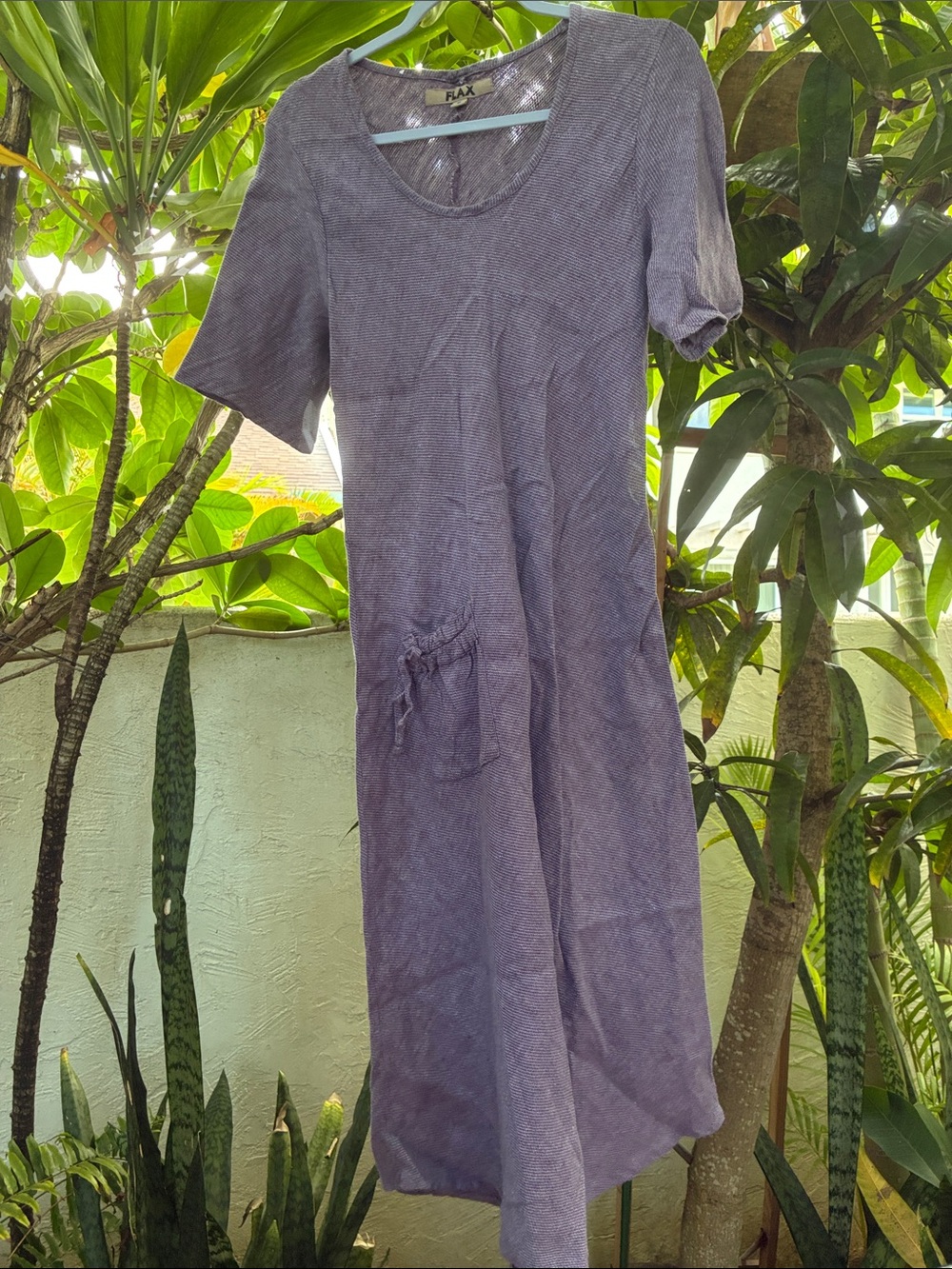 Purple Short-Sleeve Linen Dress S FlAX